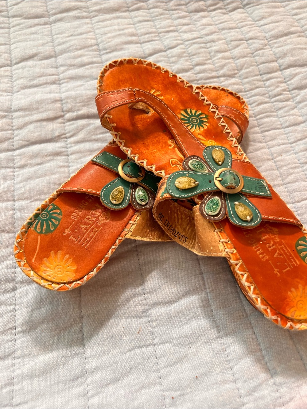 Artisan Orange Leather Sandals with Green Floral Accent - Picture 3 of 6
